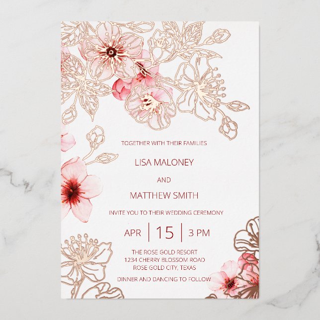 Rose Gold  Pink Cherry Blossom Wedding Foil Invitation (Front)