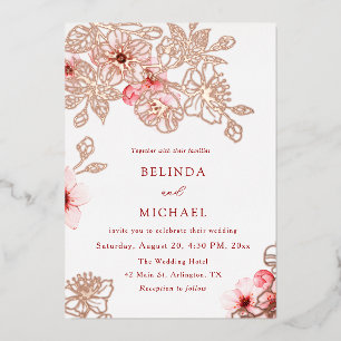 Rose Gold Pink Cherry Blossom Wedding Foil Invitation