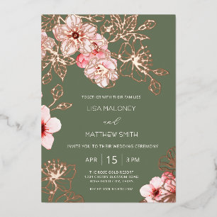 Rose Gold Pink Cherry Blossom Wedding Foil Invitation