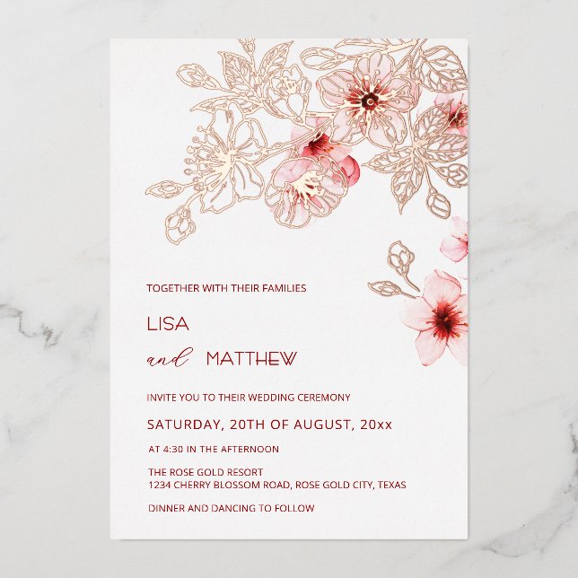 Rose Gold  Pink Cherry Blossom Wedding Foil Invitation (Front)