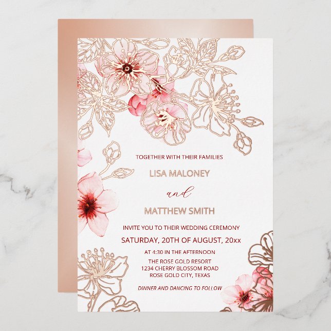 Rose Gold Pink Cherry Blossom Wedding Foil Invitation (Front/Back)