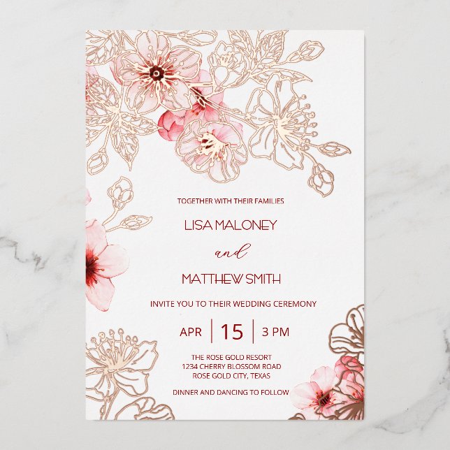Rose Gold  Pink Cherry Blossom Wedding Foil Invitation (Front)