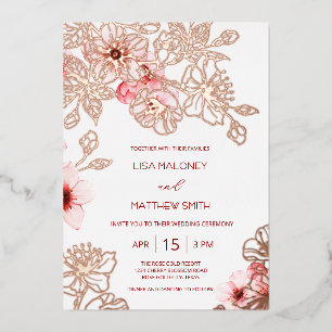 Rose Gold Pink Cherry Blossom Wedding Foil Invitation