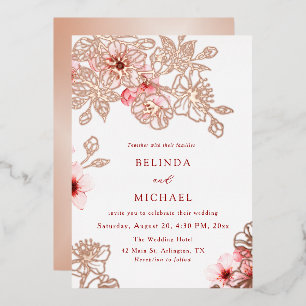 Rose Gold Pink Cherry Blossom Wedding Foil Invitation
