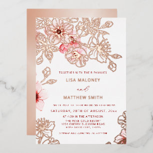 Rose Gold Pink Cherry Blossom Wedding Foil Invitation