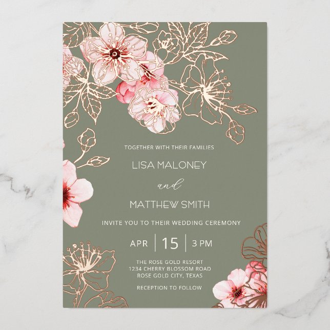 Rose Gold  Pink Cherry Blossom Wedding Foil Invitation (Front)