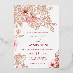 Rose Gold Pink Cherry Blossom Wedding Foil Invitation