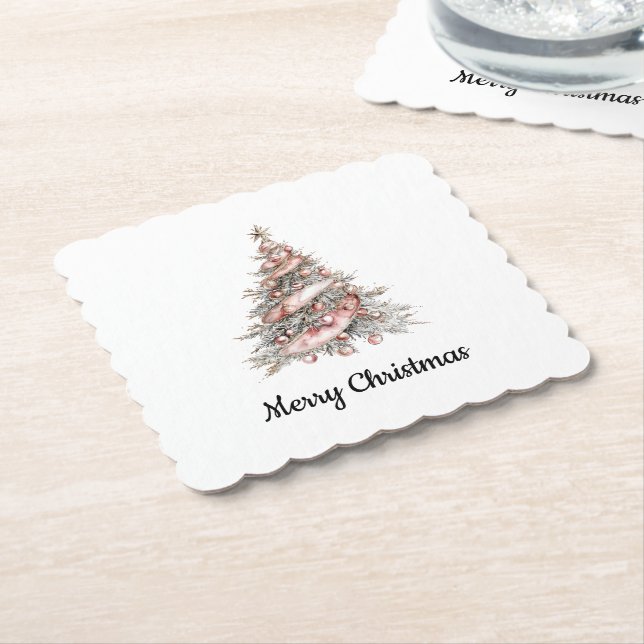 Rose Gold Pink Christmas Tree Paper Coaster (Angled)