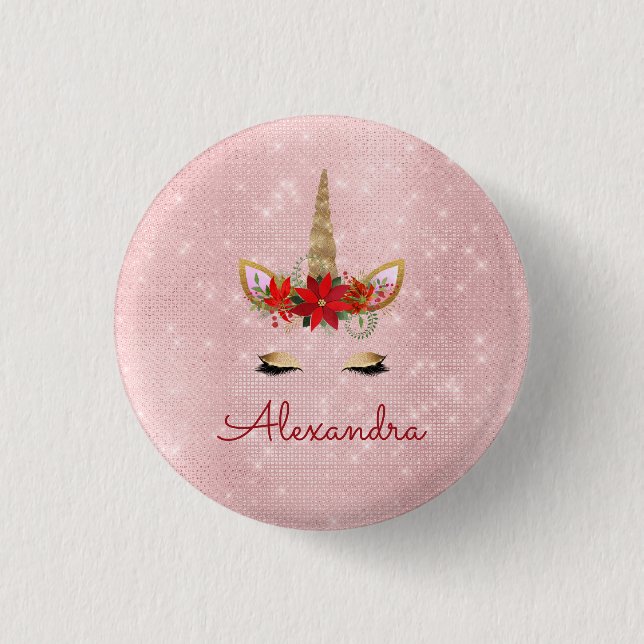 Rose Gold Pink Christmas Unicorn Monogram Button (Front)