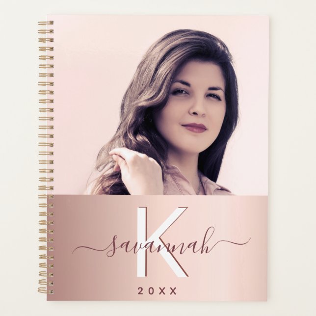 Rose gold pink custom photo monogram 2026 planner (Front)
