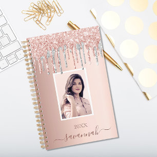 Rose gold pink custom photo silver drips 2027 planner