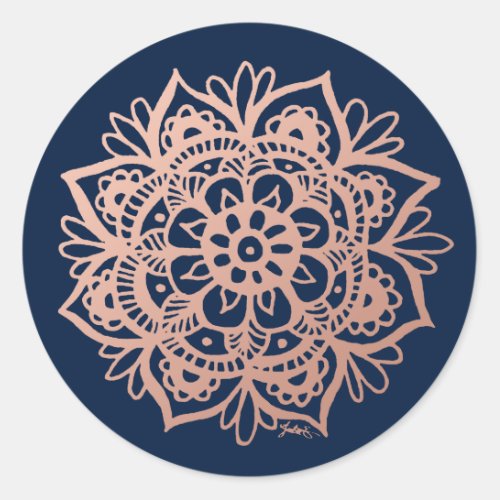 Rose Gold Pink Dark Blue Mandala Flower Classic Round Sticker