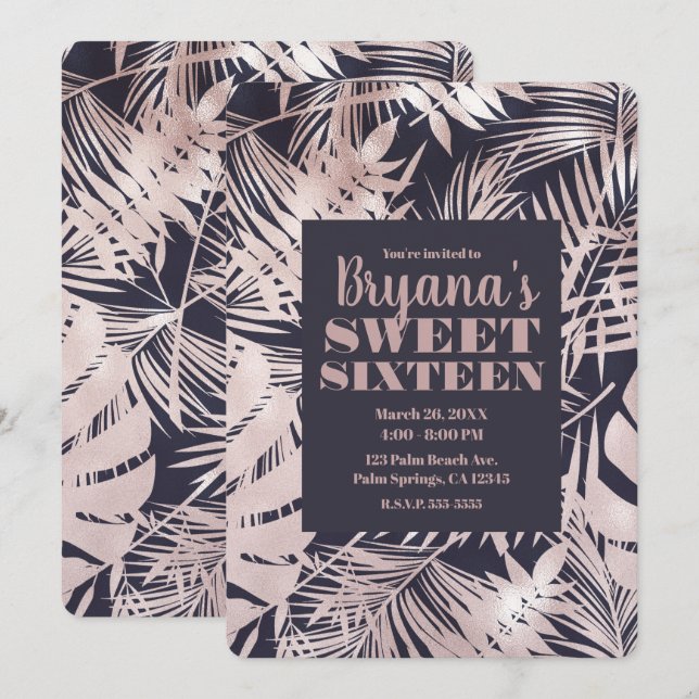 Rose Gold Pink Dark Tropical Palm Sweet 16 Invitation (Front/Back)