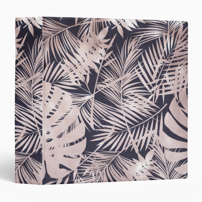Rose Gold Pink Dark Tropical Palm Tree Leaves 3 Ring Binder (Front/Spine)
