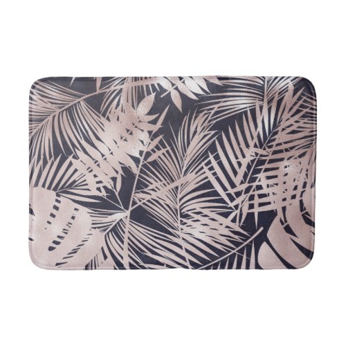 Rose Gold Pink Dark Tropical Palm Tree Leaves Bath Mat