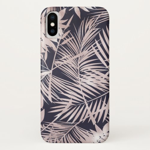Rose Gold Pink Dark Tropical Palm Tree Leaves iPhone X Case