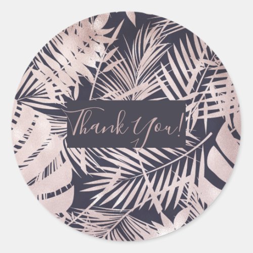 Rose Gold Pink Dark Tropical Palm Tree Leaves Classic Round Sticker