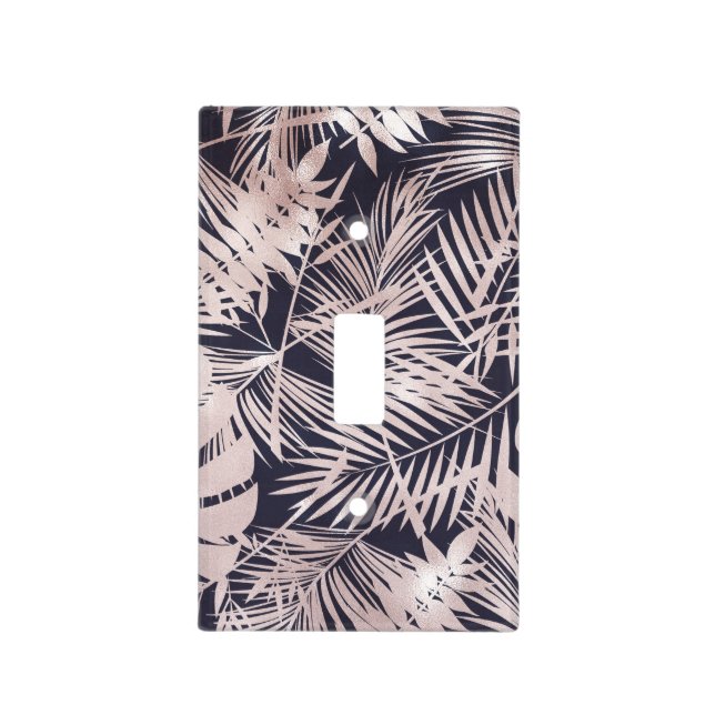 Rose Gold Pink Dark Tropical Palm Tree Leaves Light Switch Cover (Front)