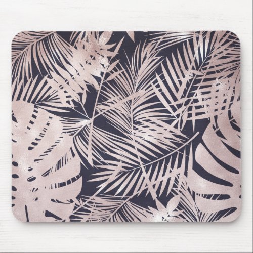 Rose Gold Pink Dark Tropical Palm Tree Leaves Mouse Pad