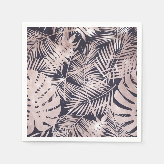 Rose Gold Pink Dark Tropical Palm Tree Leaves Napkins (Front)