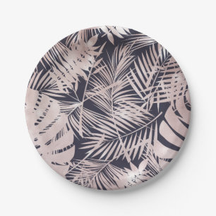 Rose Gold Pink Dark Tropical Palm Tree Leaves Paper Plates