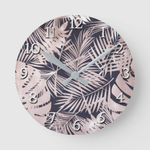 Rose Gold Pink Dark Tropical Palm Tree Leaves Round Clock