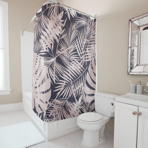 Rose Gold Pink Dark Tropical Palm Tree Leaves Shower Curtain