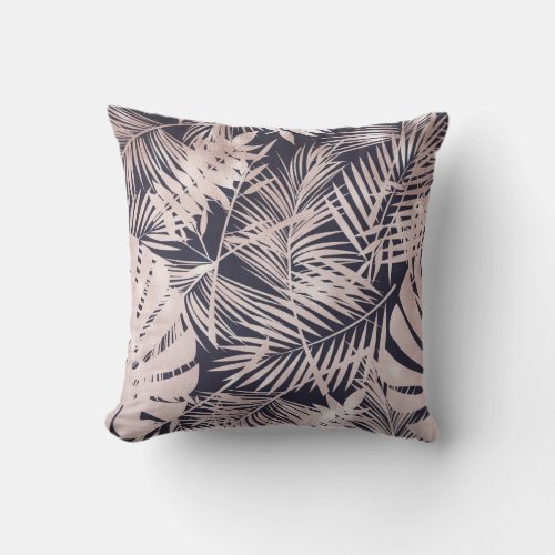 Rose Gold Pink Dark Tropical Palm Tree Leaves Throw Pillow