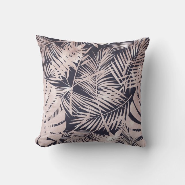 Rose Gold Pink Dark Tropical Palm Tree Leaves Throw Pillow (Front)