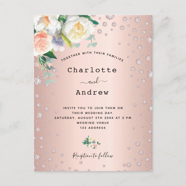 Rose gold pink diamonds floral glamorous wedding postcard (Front)