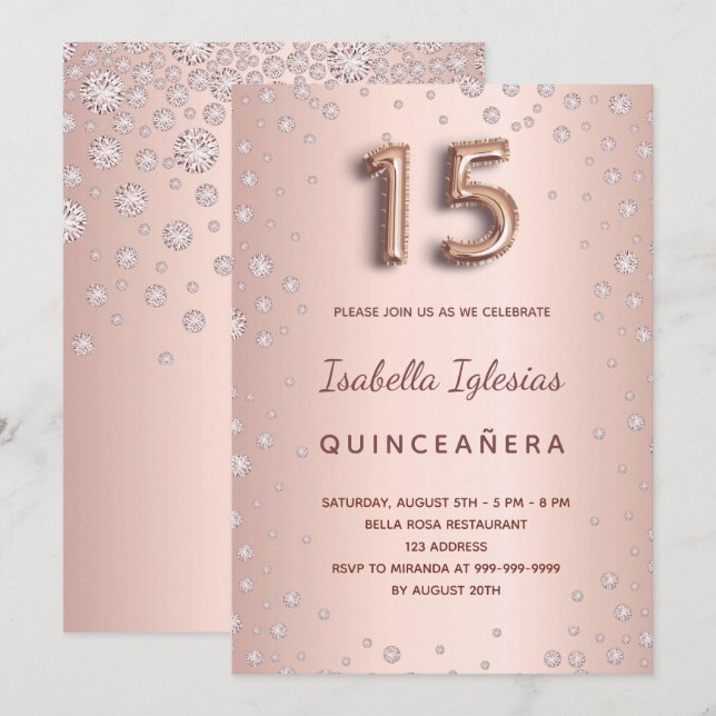 Rose gold pink diamonds Quinceanera Invitation (Front/Back)