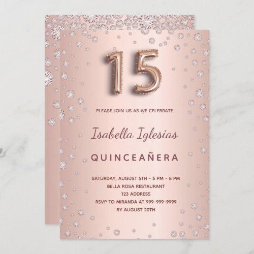 Rose gold pink diamonds Quinceanera Invitation