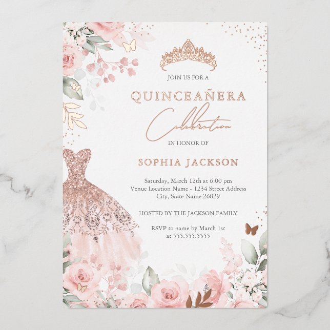 Rose Gold Pink Dress Floral Quinceanera  Foil Invitation (Front)
