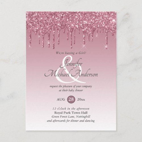 Rose Gold Pink Dripping Glitter Baby Girl Shower Postcard