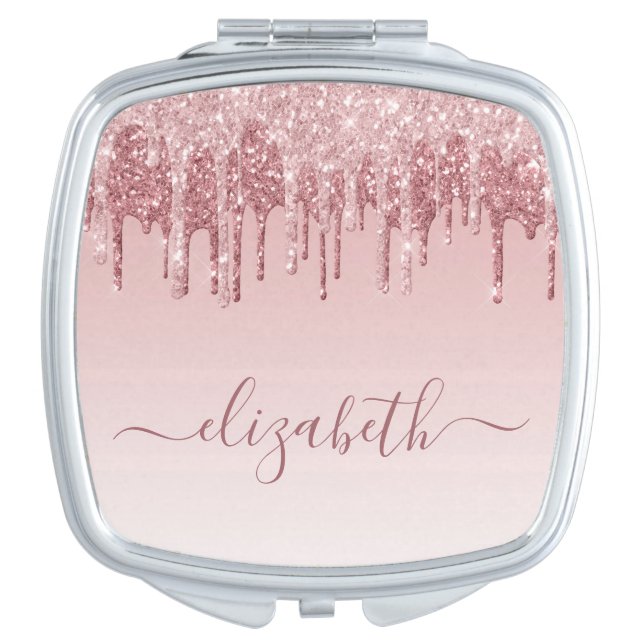 Rose Gold Pink Dripping Glitter Personalized Compact Mirror (Front)
