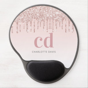 Rose gold pink drips monogram gel mouse pad
