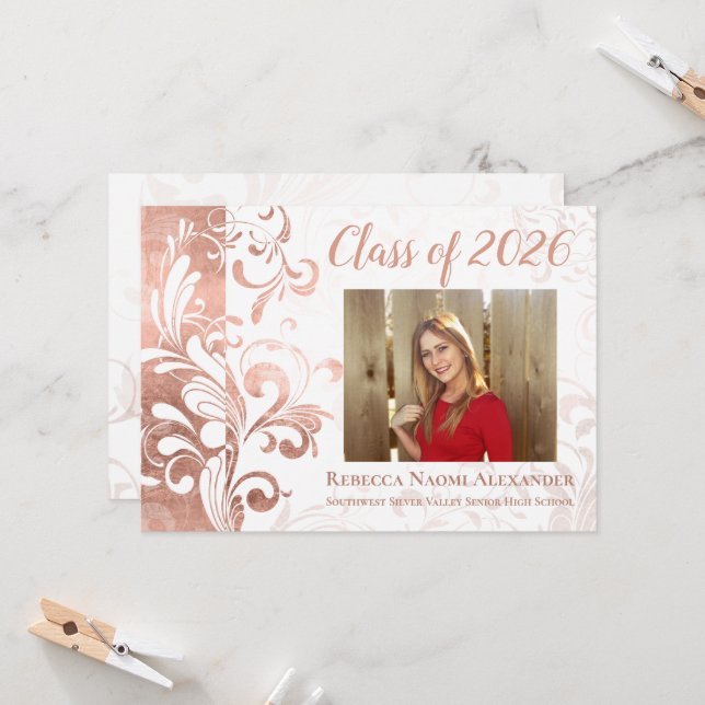 Rose Gold Pink Elegant Swirl Photo 2026 Graduation Invitation (Front/Back In Situ)