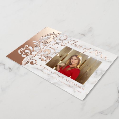 Rose Gold Pink Elegant Swirl Photo Graduation Foil Invitation