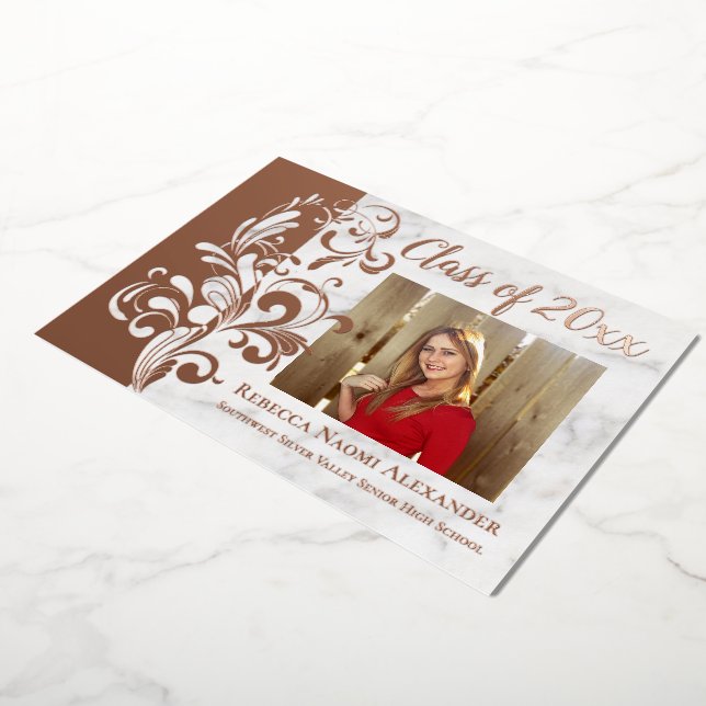 Rose Gold Pink Elegant Swirl Photo Graduation Foil Invitation (Rotated)