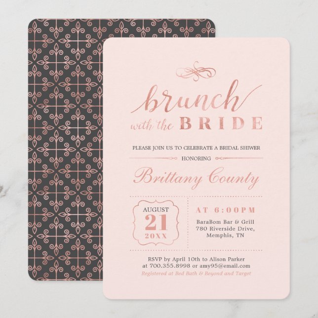 Rose Gold & Pink | Elegant Wedding Bridal Brunch Invitation (Front/Back)