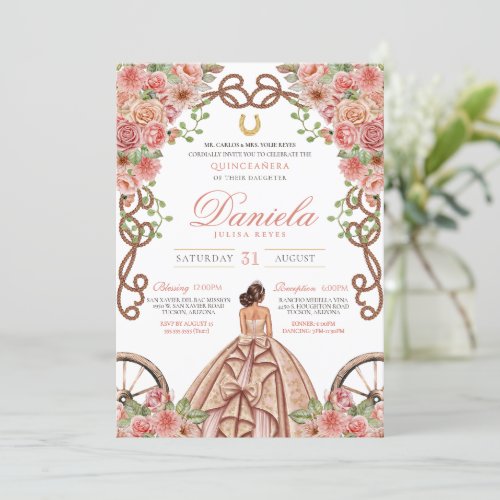 Rose Gold Pink Elegant Western Charra Quinceanera Invitation