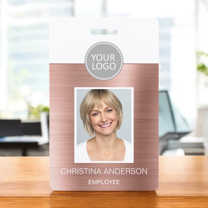 Rose Gold Pink Employee Name Logo Photo Corporate Badge