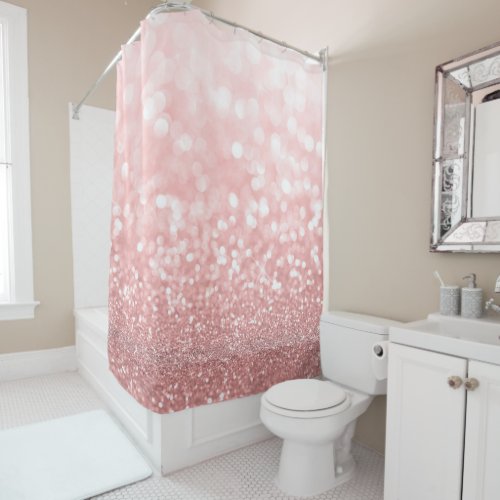 rose gold pink faux glitter and bokeh lights shower curtain