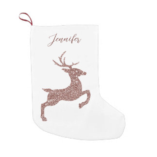 Rose Gold Pink Faux Glitter Look Jumping Deer Small Christmas Stocking