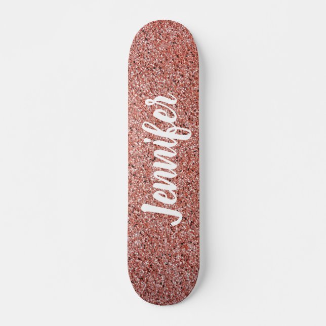 Rose Gold Pink Faux Glitter Personalized Skateboard (Front)