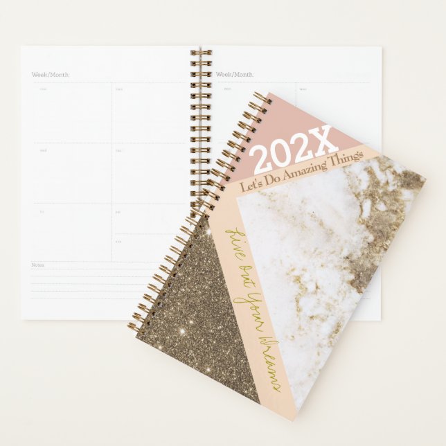 Rose Gold Pink Faux Marble Trendy Yearly Planner (Display)