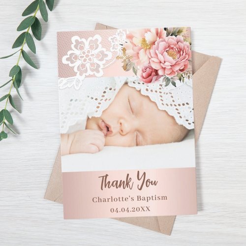 Rose gold pink floral baptism photo thank you card