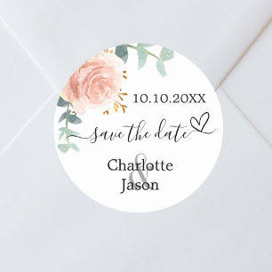 Rose gold pink floral boho wedding save the date classic round sticker