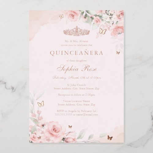 Rose Gold Pink Floral Butterfly Quinceanera 15th Foil Invitation