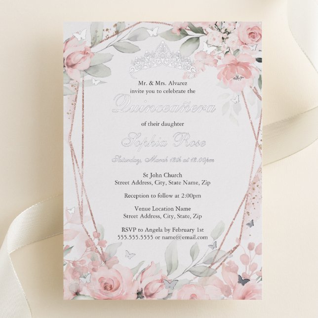 Rose Gold Pink Floral Butterfly Quinceanera  Foil Invitation (Creator Uploaded)